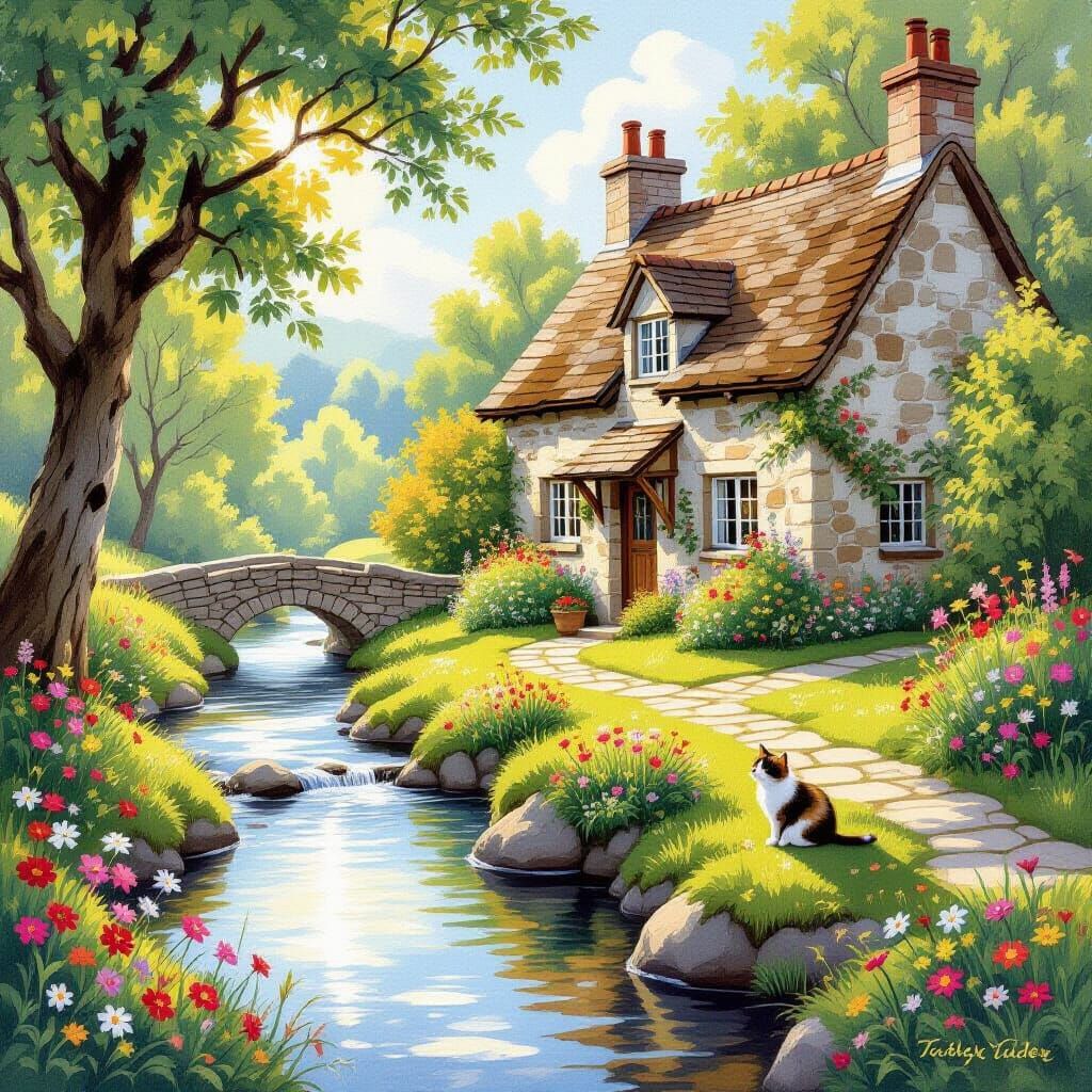 Charming Cottage with Calico Cat in Painterly Style