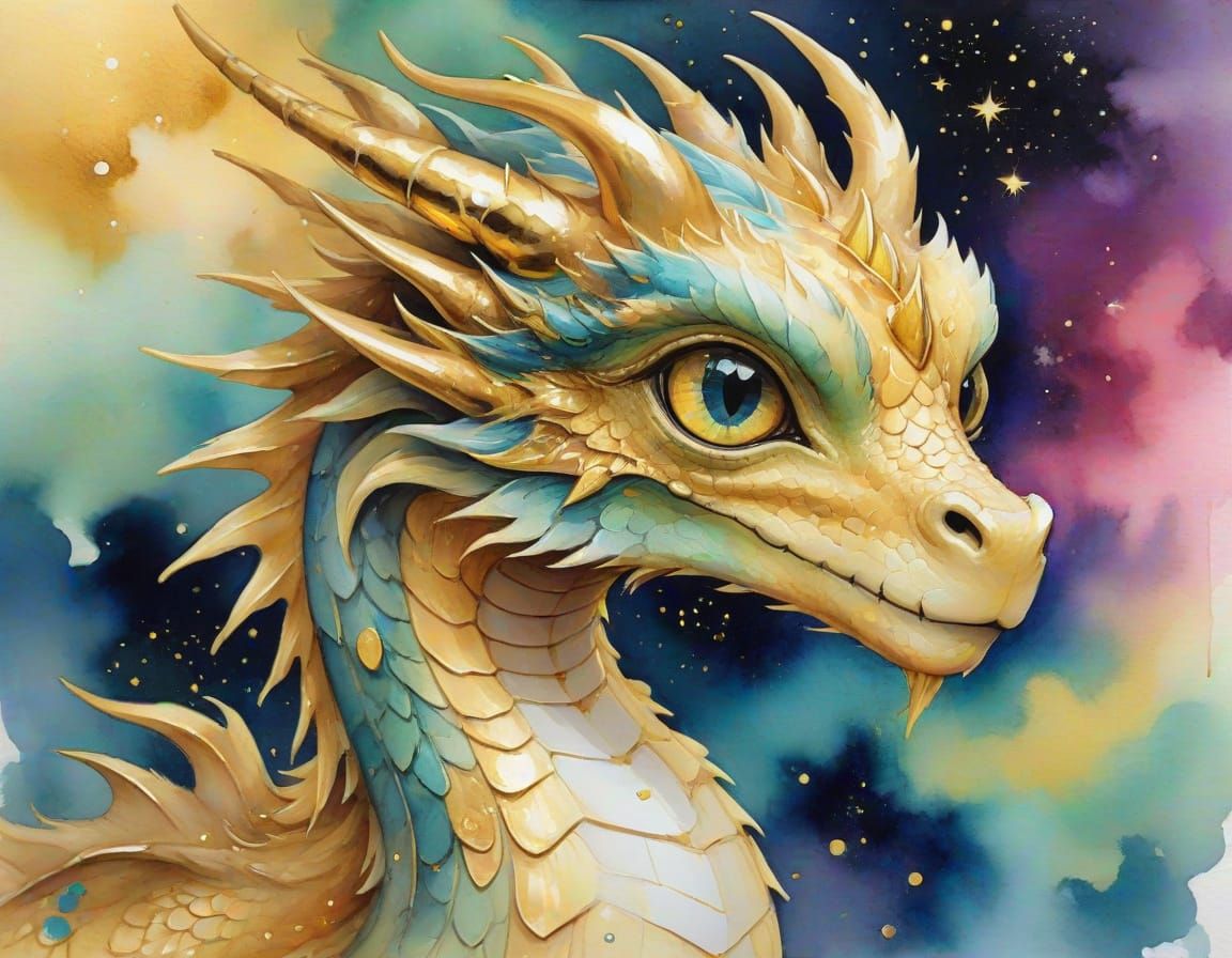 Surreal Watercolor Dragon Study in Golden Nebula