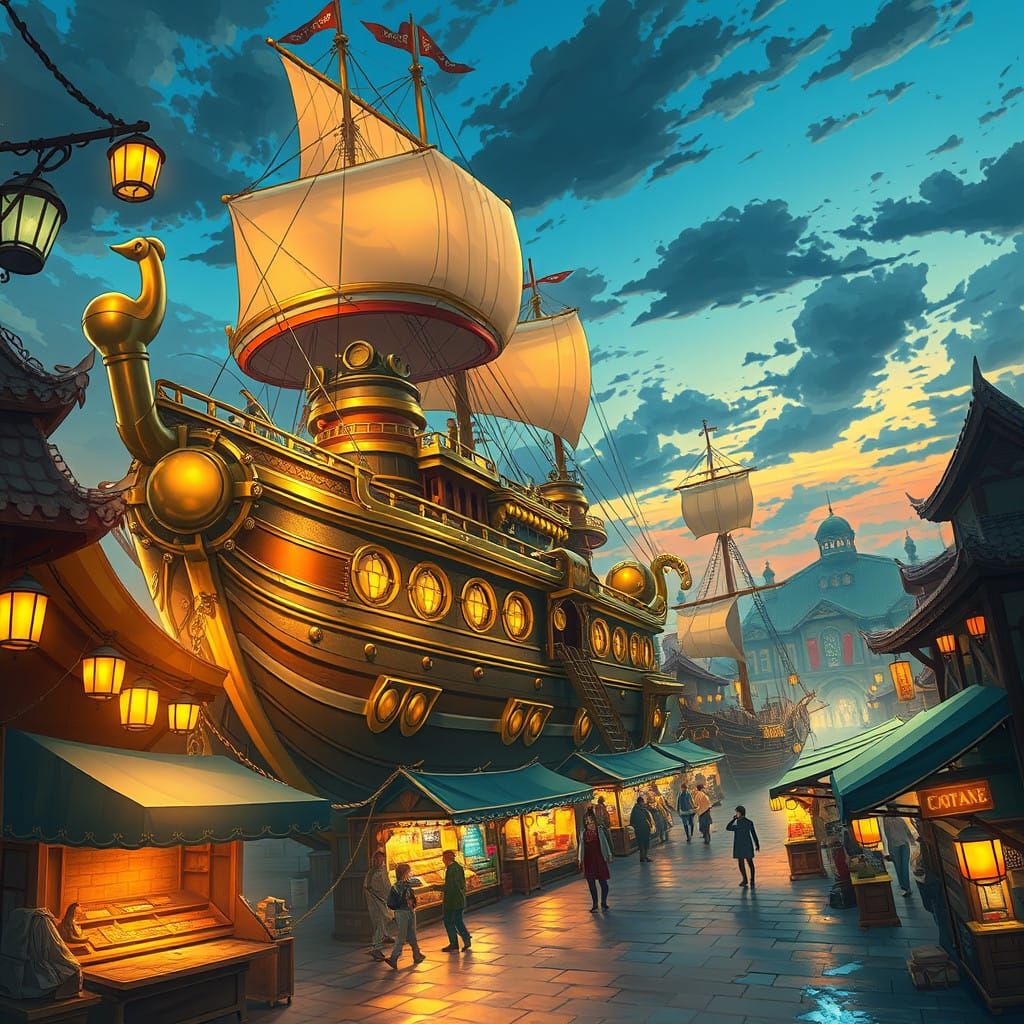 Ethereal Steampunk Airship Illuminated at Dusk