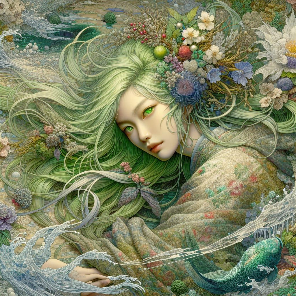 Lime-Green Haired Woman in Japanese Woodblock Style