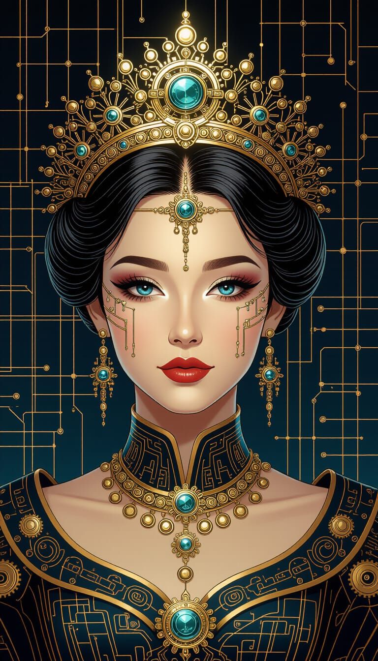 Elegant Empress with Golden Gear Tiara in Cyberpunk Style