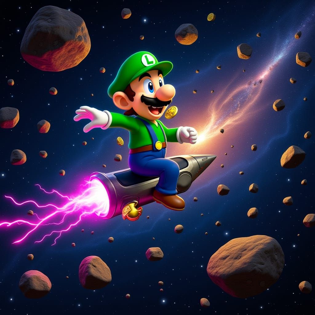 Luigi Soars Through Battlerock Galaxy on Warp Star