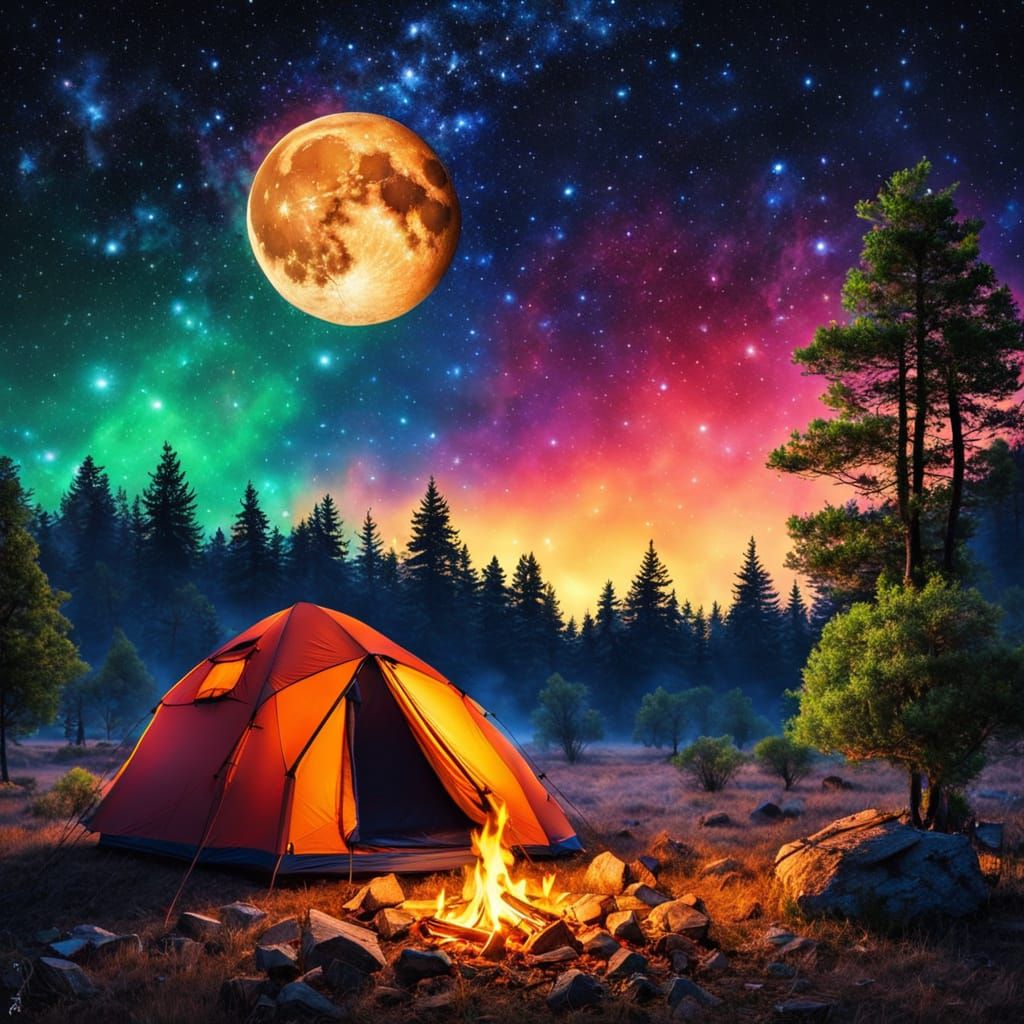 Night Camping Scene in Impressionism and Fauvism Style
