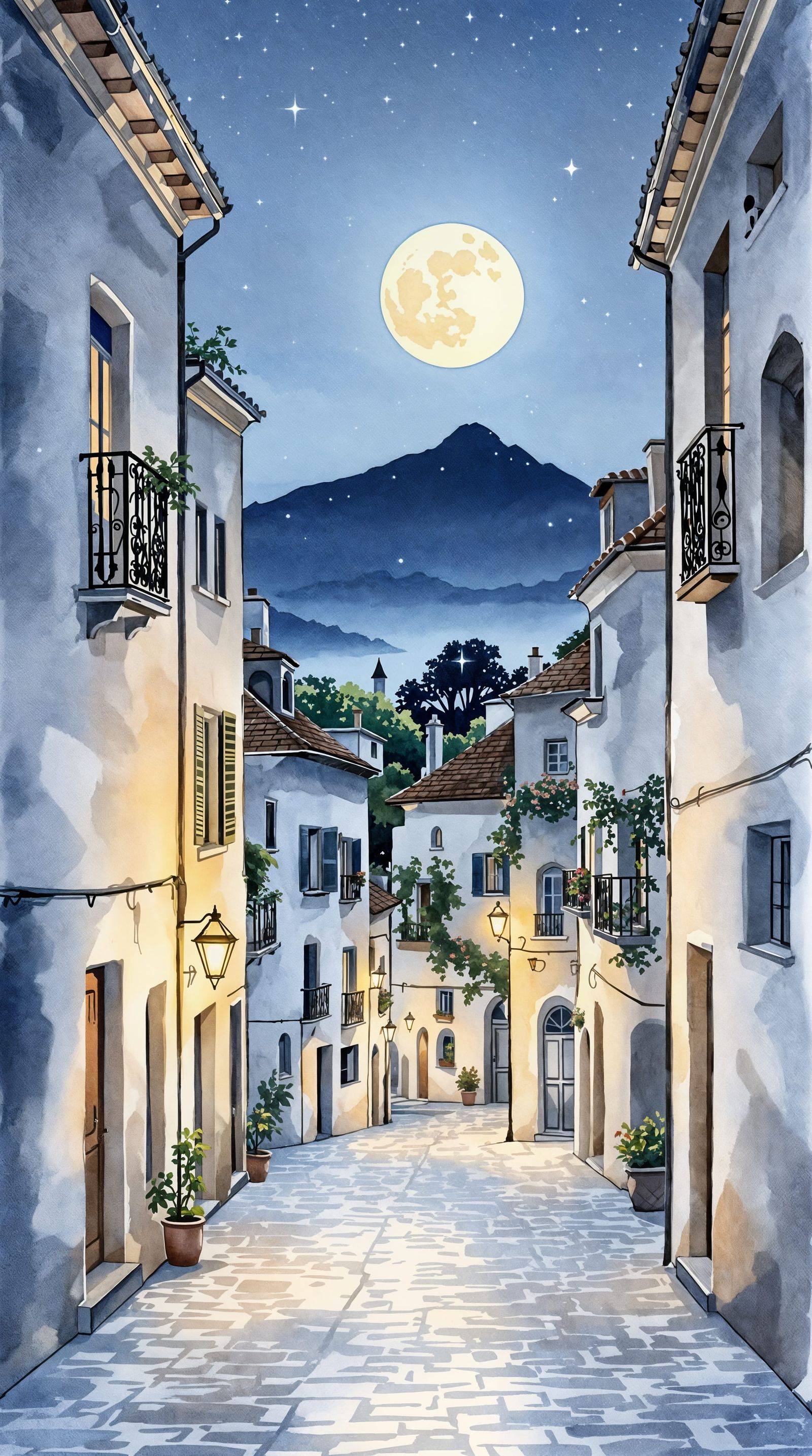 Impressionistic Watercolor Nighttime European Town Scene