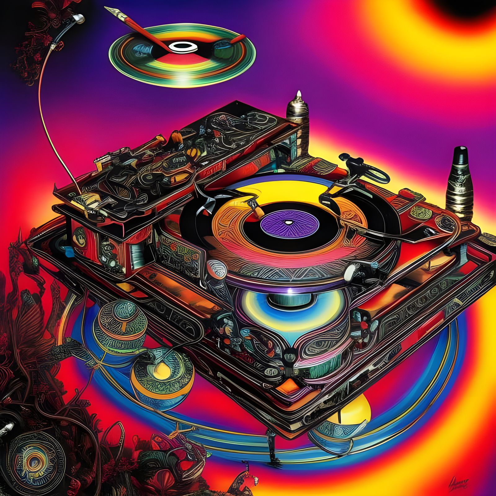Flaming Psychedelic Vinyl Record Player Art