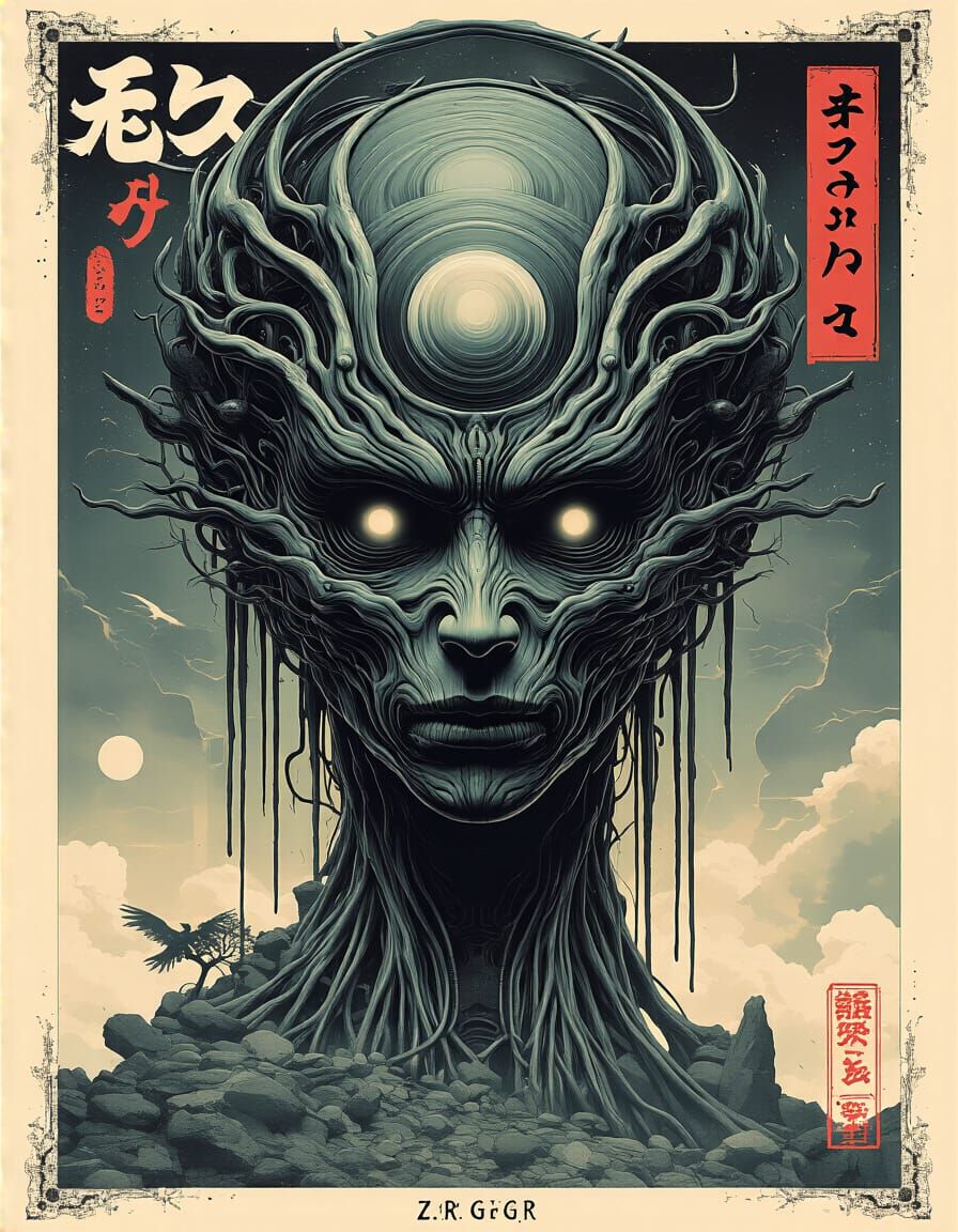 Biomechanical Entity Emerges from Darkness, Surreal Art