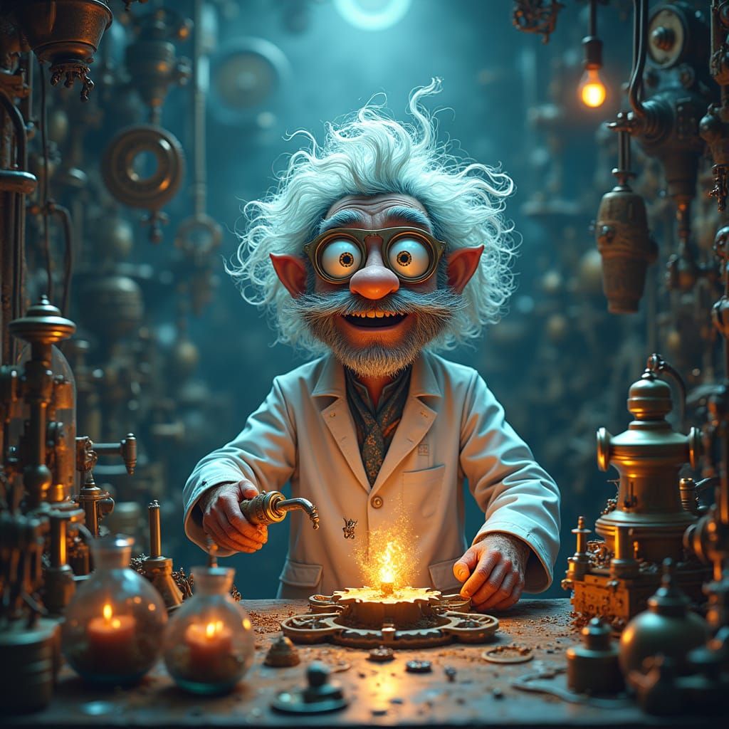 Mad Scientist Surrounded by Holographic Invention in Whimsic...