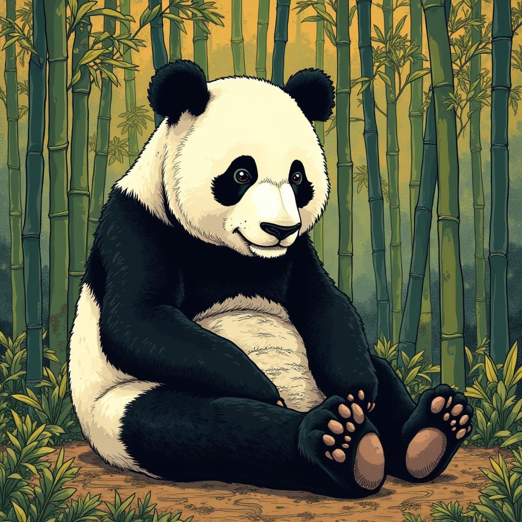Panda in Art Nouveau Style with Bamboo