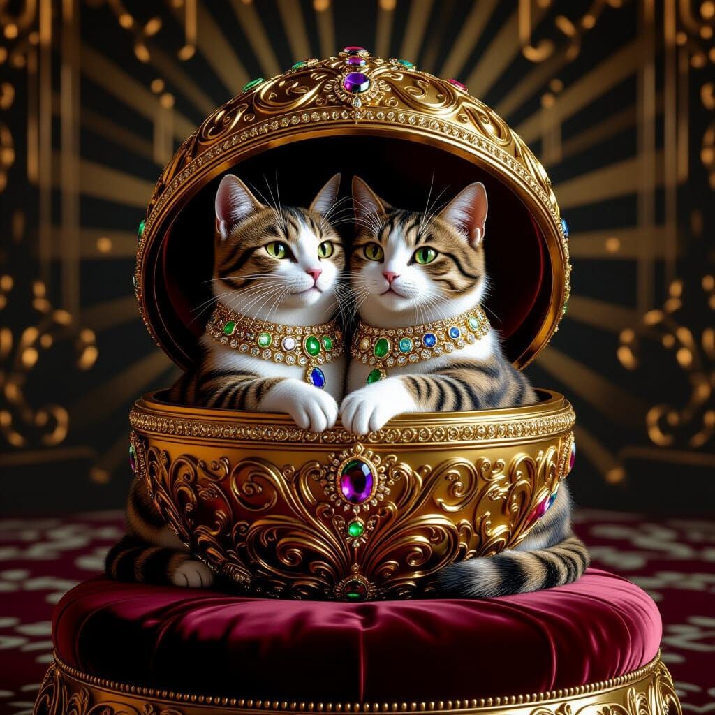Cats Embrace in Fabergé Egg, Klimt and Chagall Style