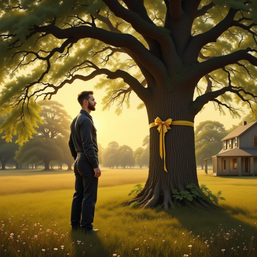 Hopeful Reunion: Man Returns Home to Yellow Ribbon on Oak Tr...