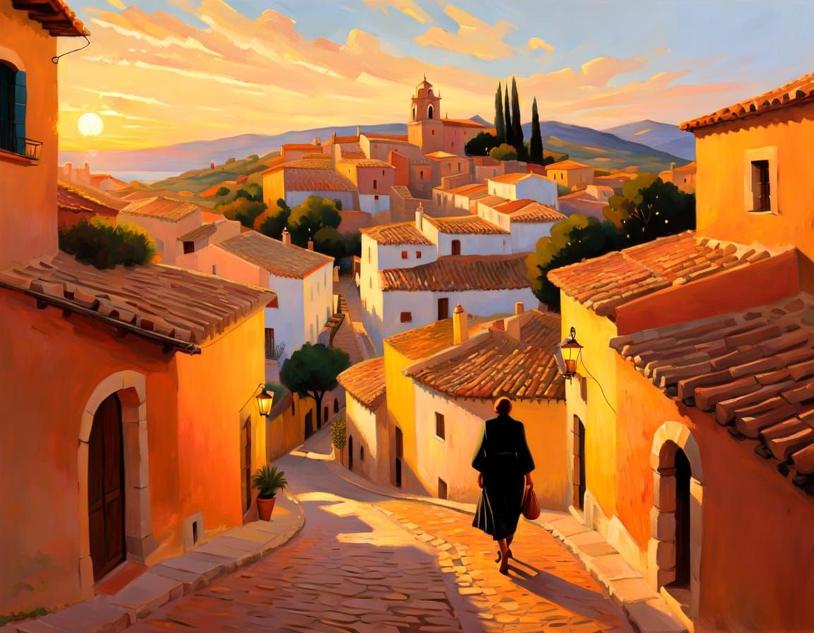 Spanish Village in Impressionist Style at Golden Hour