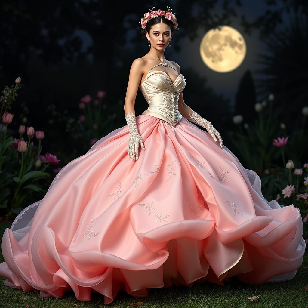 Ethereal Tulip-Inspired Haute Couture Gown in Moonlit Garden...