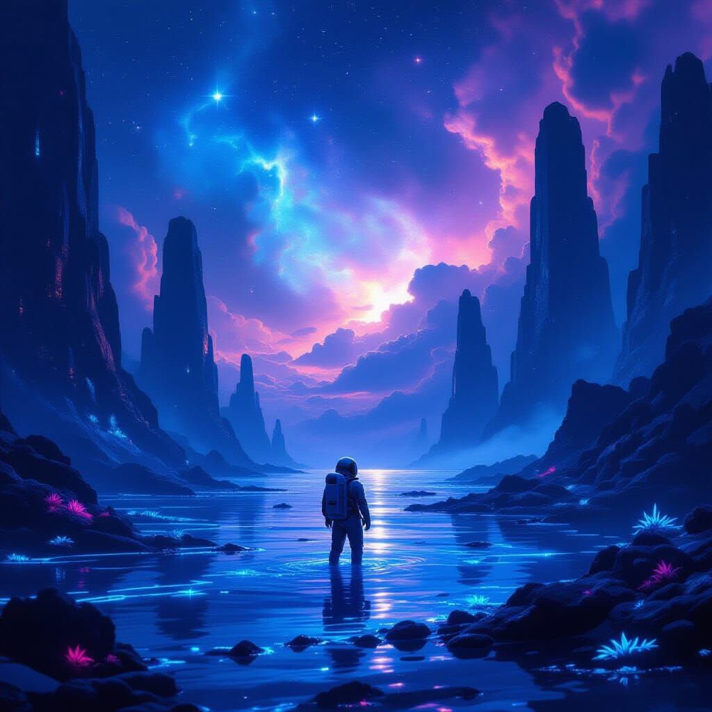 Astronaut Adrift in Alien Ocean Under Nebula Sky