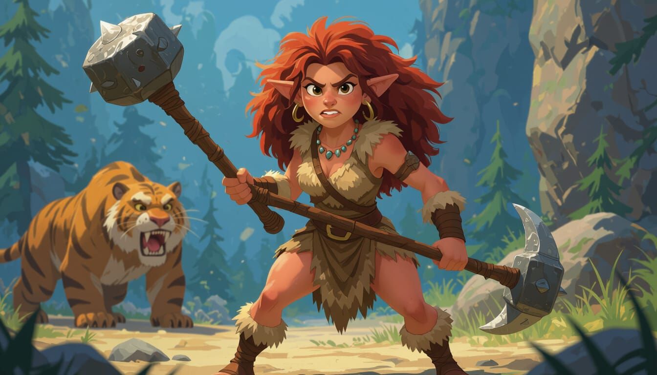 Pixar Style Stone Age Cyclops With Mace and Sabre Tooth Tige...