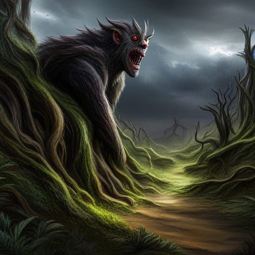 Scary Forest Monster with Red Eyes in Twilight