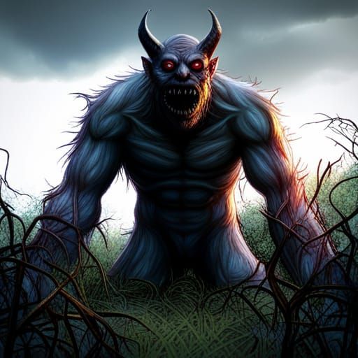 Scary Forest Monster with Red Eyes in Twilight