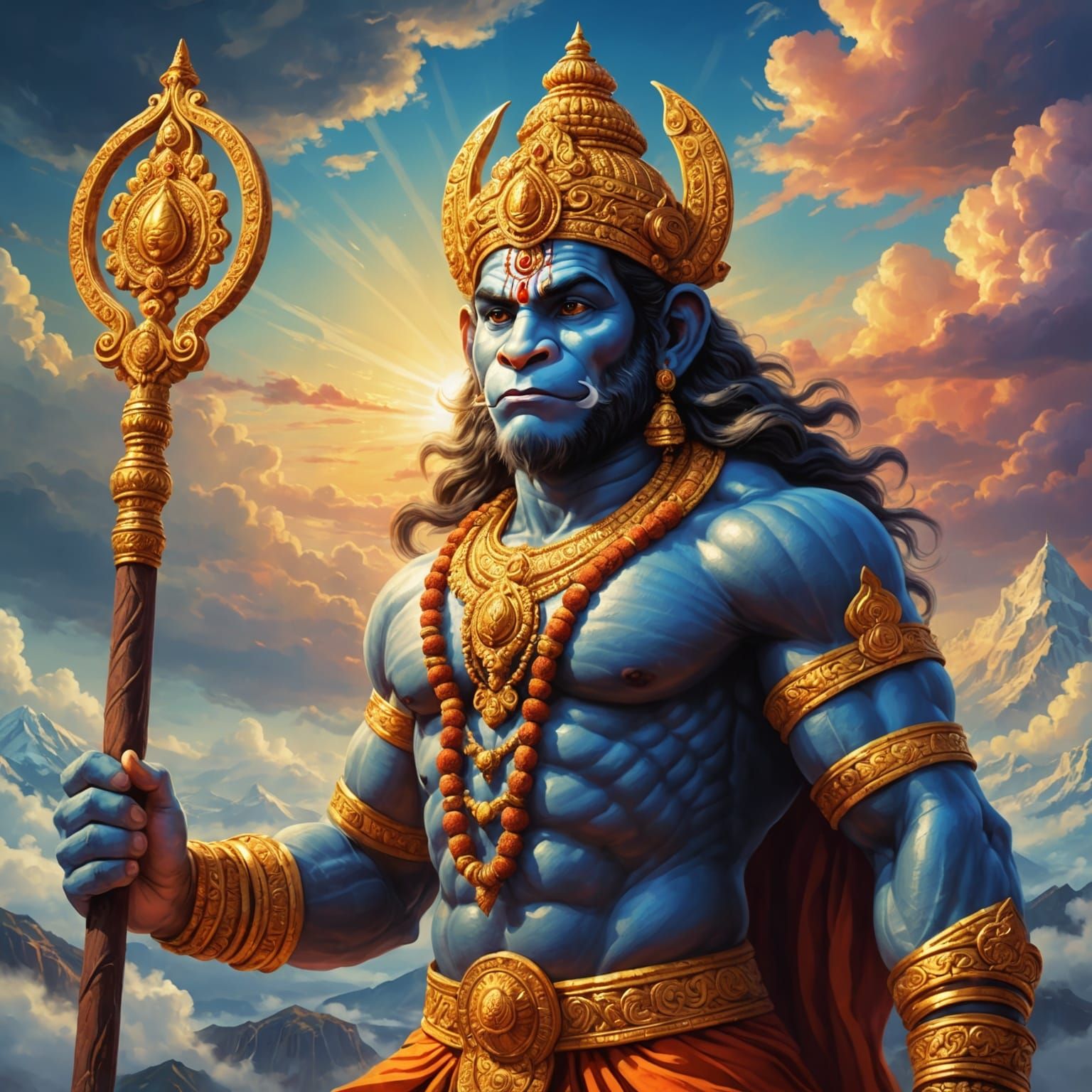 Majestic Lord Hanuman Digital Painting in Vibrant Colors