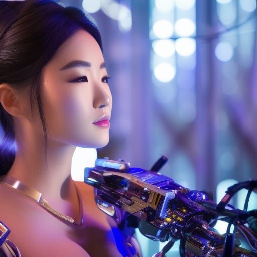 Cybernetic Arden Cho in Detailed Futuristic World