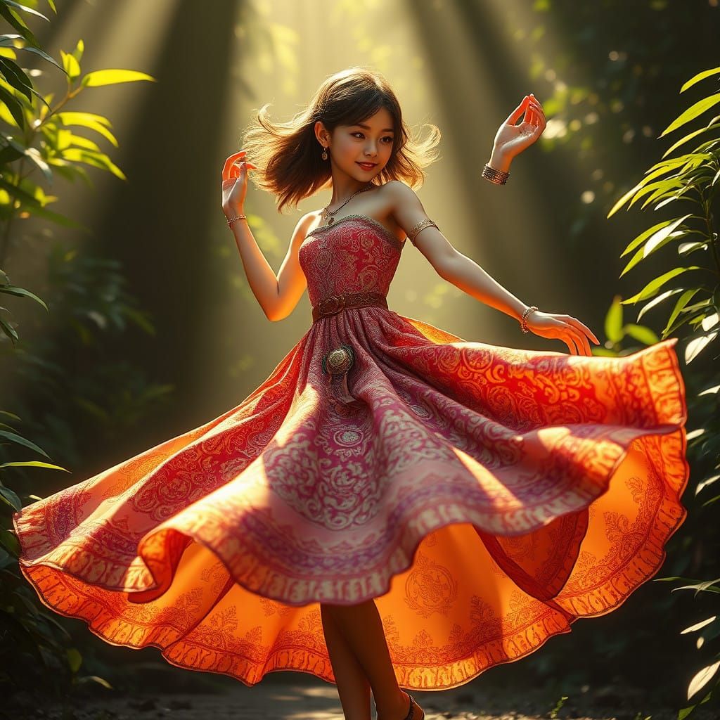 Youthful Woman Twirling in Whimsical, High-Fantasy Dress