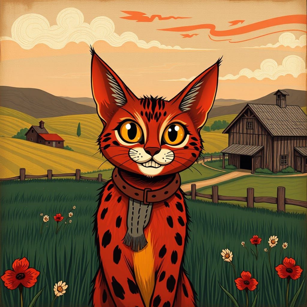 Whimsical Feral Cat Caricature on a Farm in Art Nouveau Styl...
