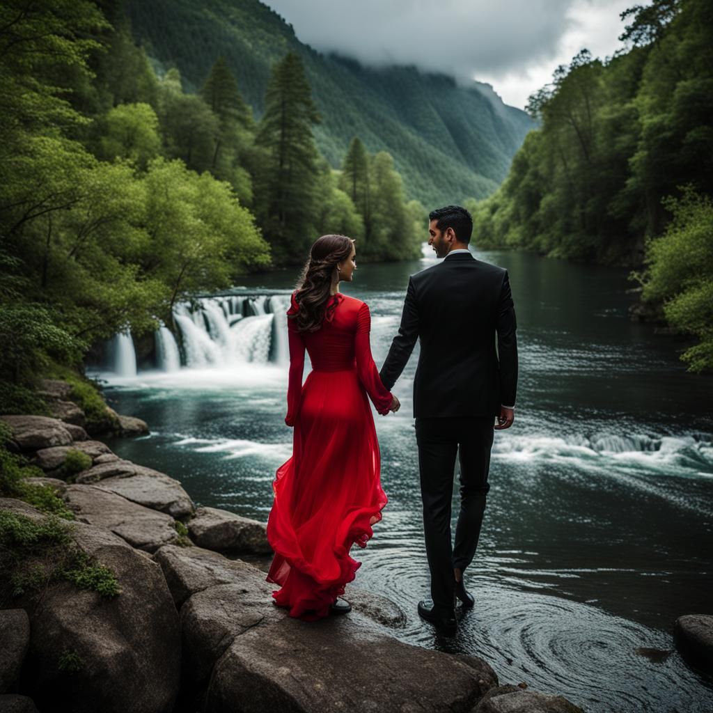 Romantic Couple Holding Hands by Waterfall
