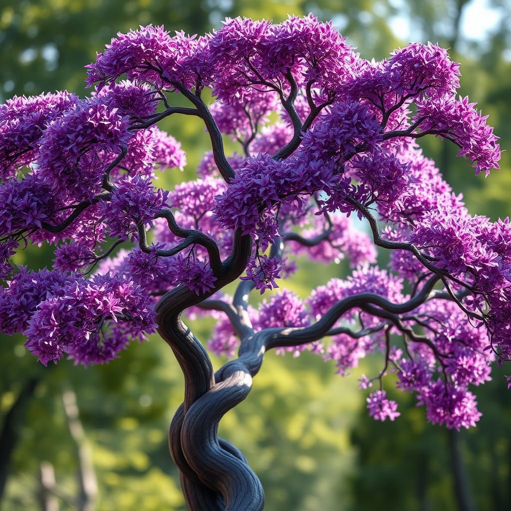 A create a 3d image of a tree with unique purple leaves and a conceptual design