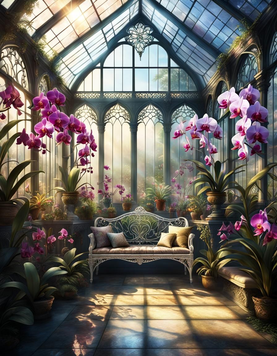Orchid Greenhouse with Sunbeams: Digital Matte Painting