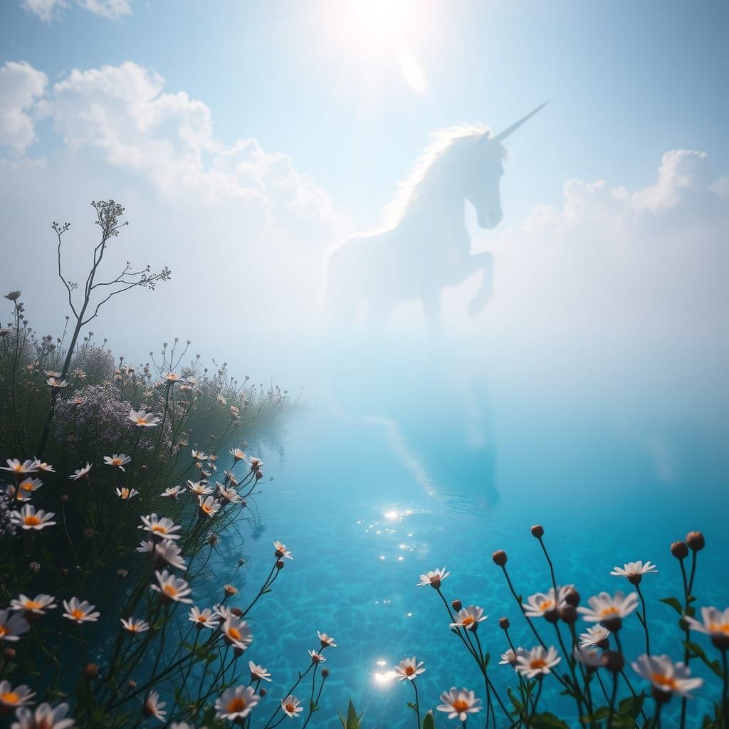 Ethereal Blue Lagoon with Unicorn Silhouette in Mystical Lig...