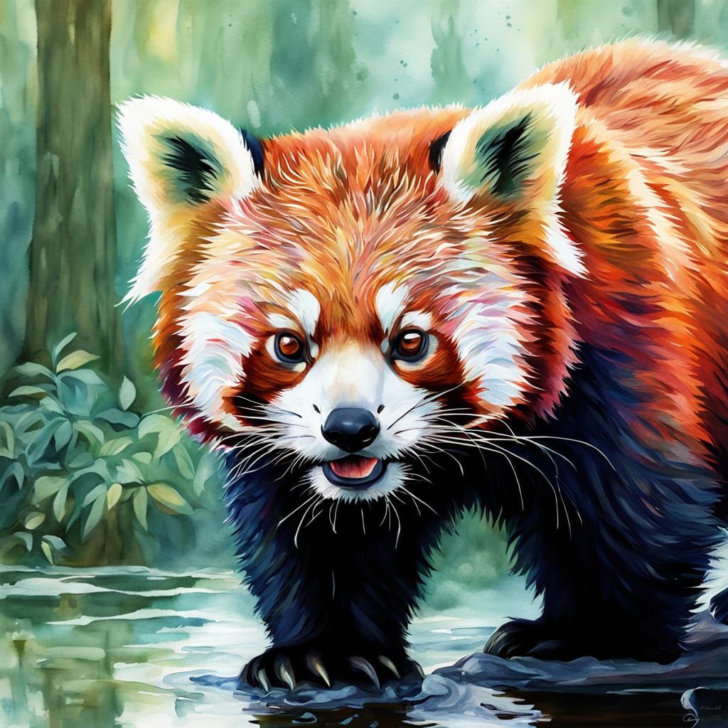 Red Panda Double Exposure in Watercolor