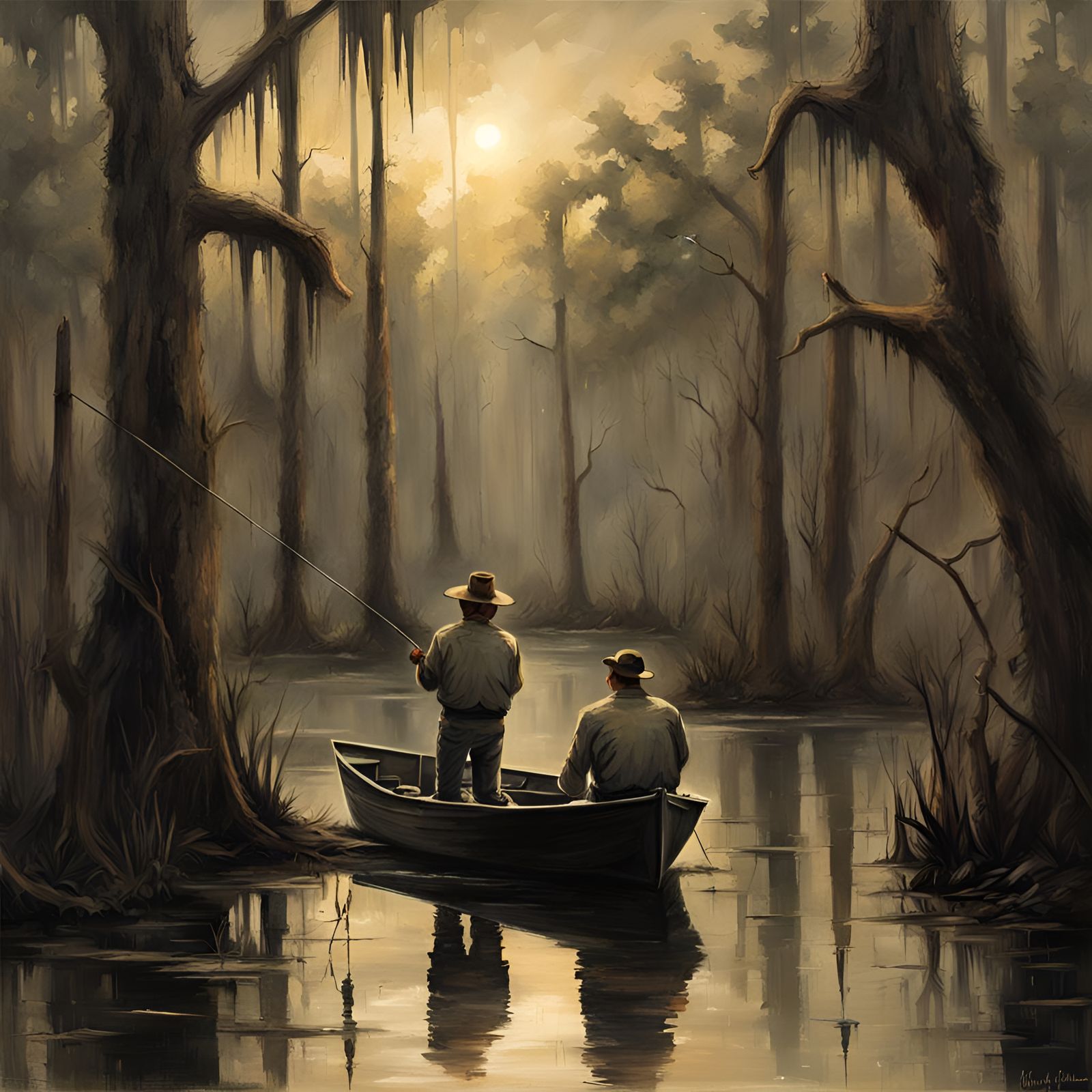 Sinister Fishing Scene in Louisiana Swamp Art