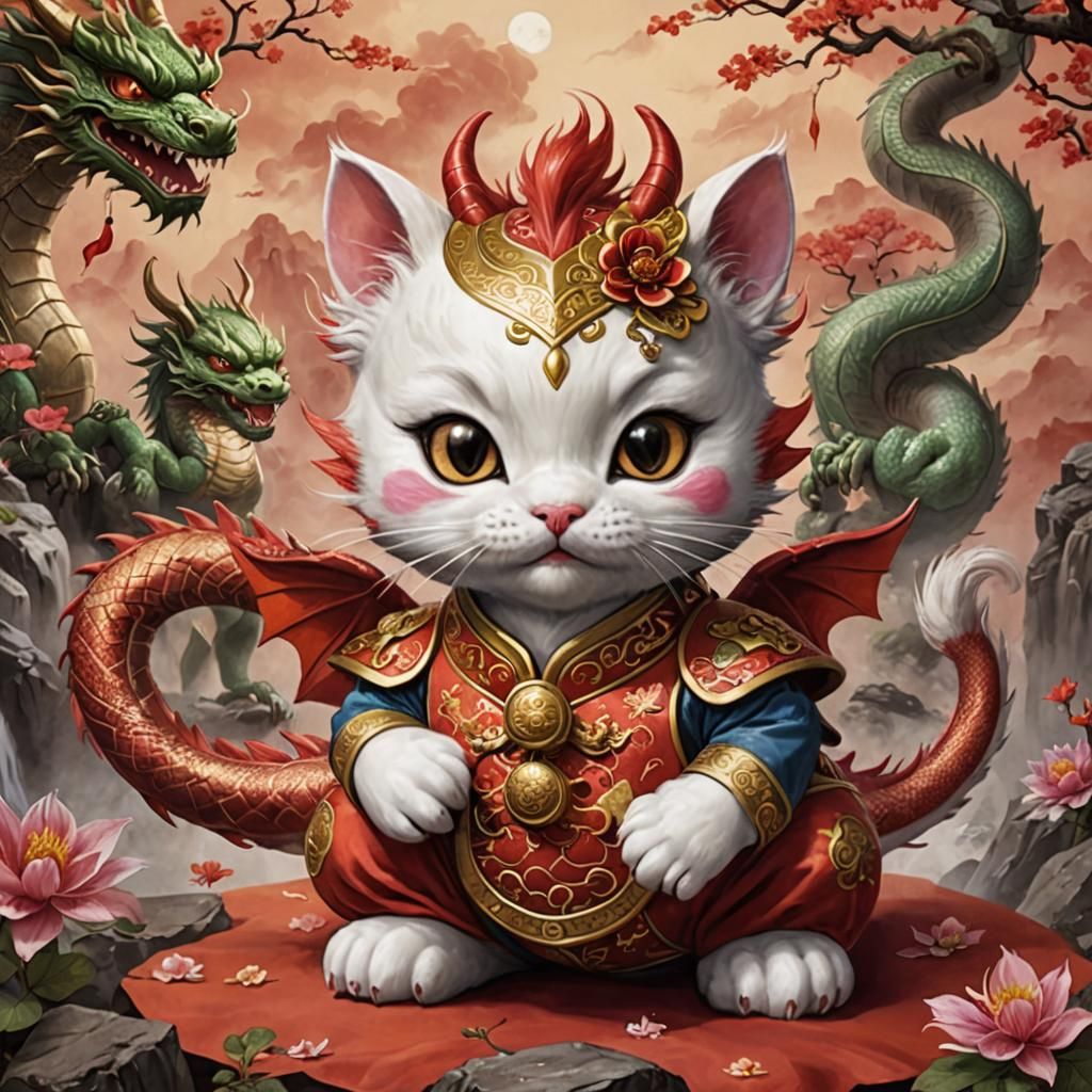 Whimsical Chinese Kitty Dragon Illustration