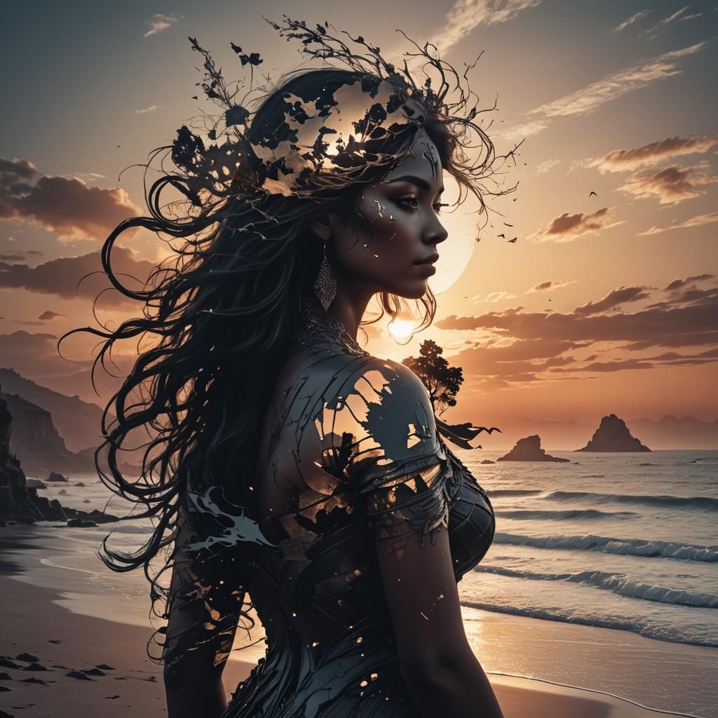 Goddess Silhouette Double Exposure on Sunset Coast