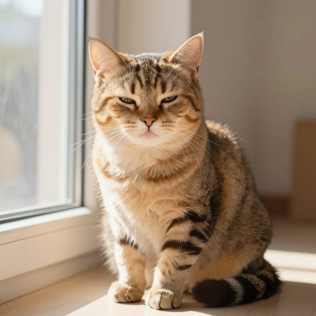 Semi-Realistic Cat by Window in Warm Sunlight