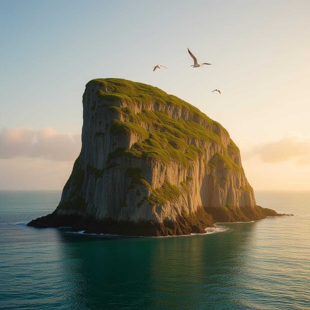 Majestic Rock Island in Golden Hour Sunlight