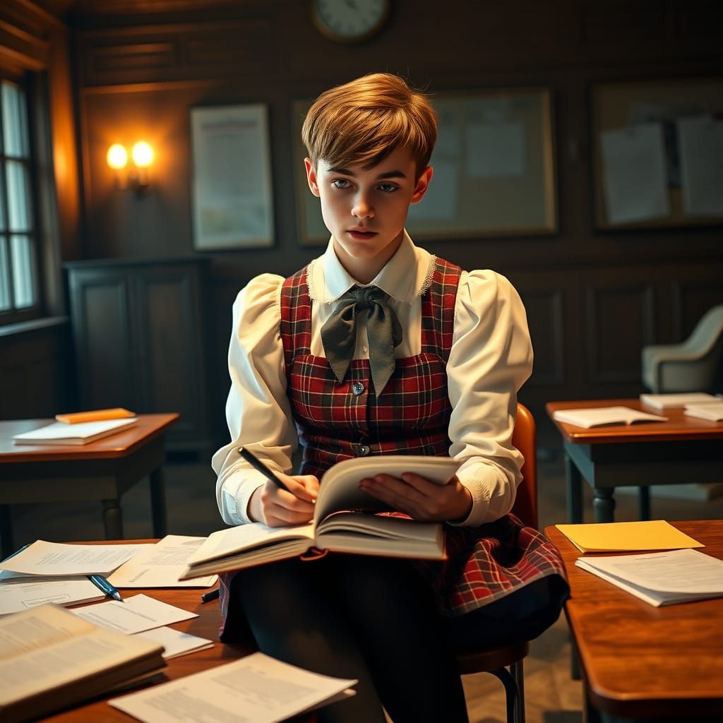 Young Man Focuses in Dimly Lit Classroom Study