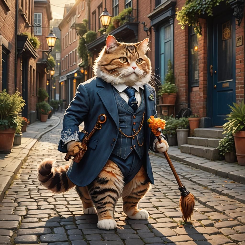 Victorian Cats Strolling in Golden Hour Sunlight