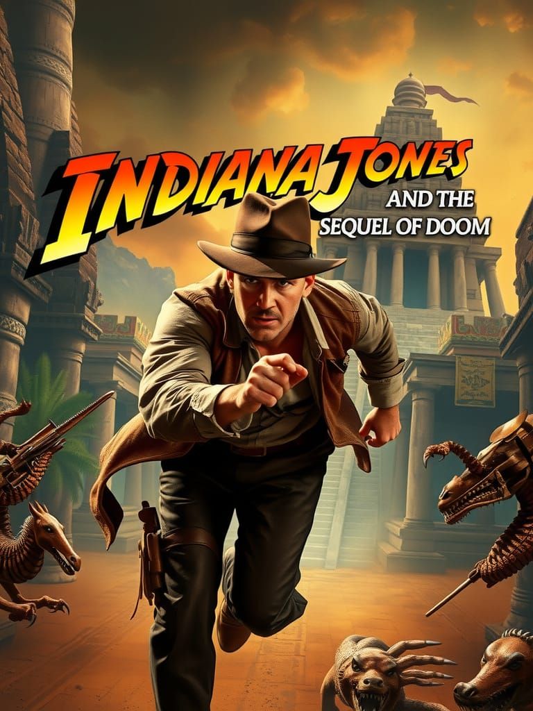 Film poster, Indiana Jones running towards the viewer - lett...