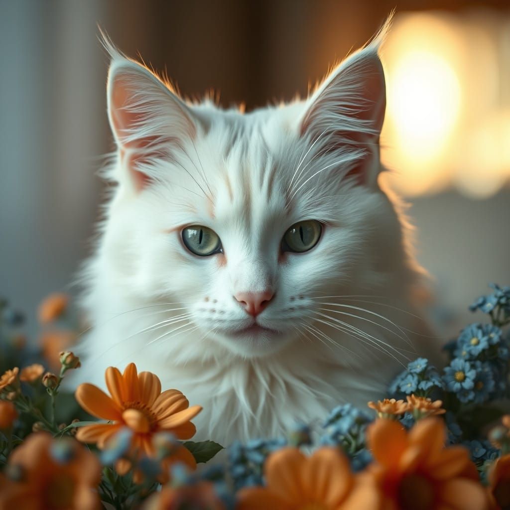 Hyperrealistic White Cat Amidst Vibrant Orange and Blue Flow...