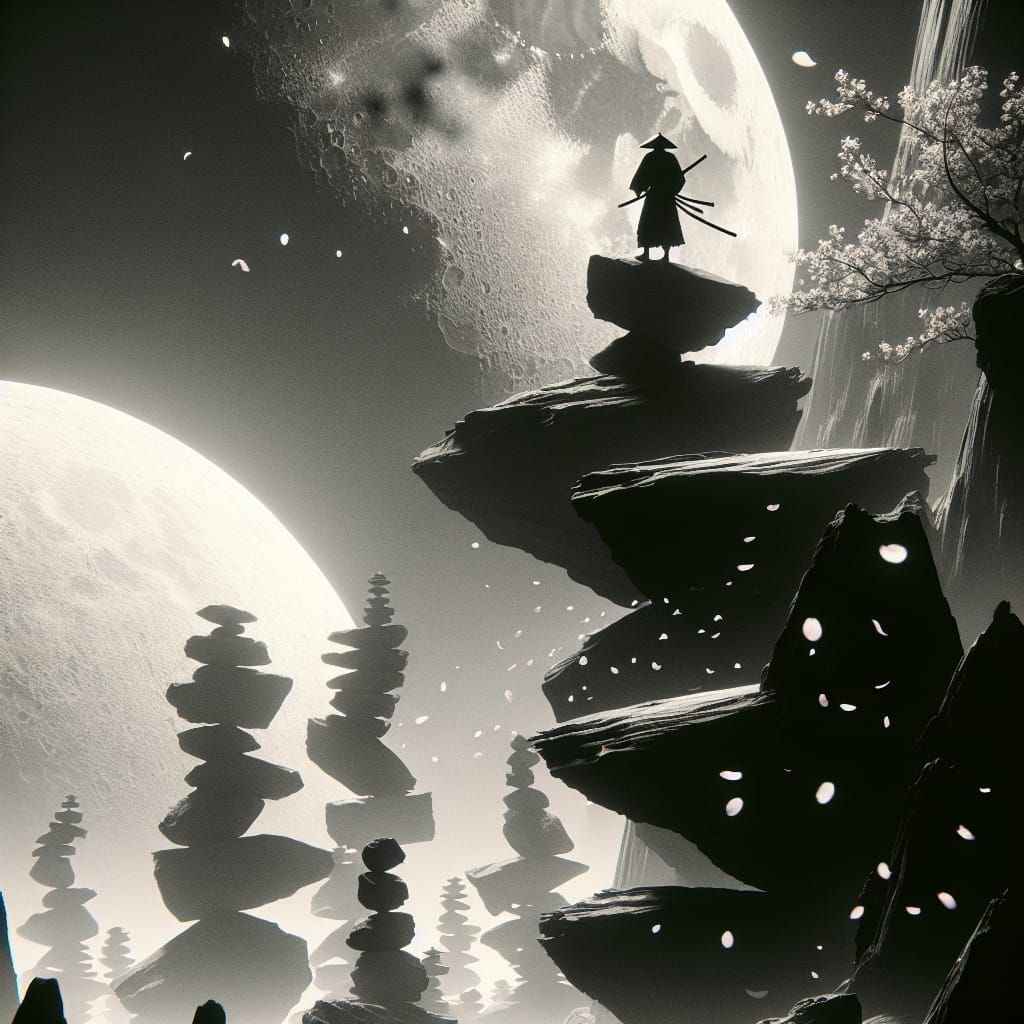 Samurai on Cliffside Amidst Geological Shift, Ink Painting