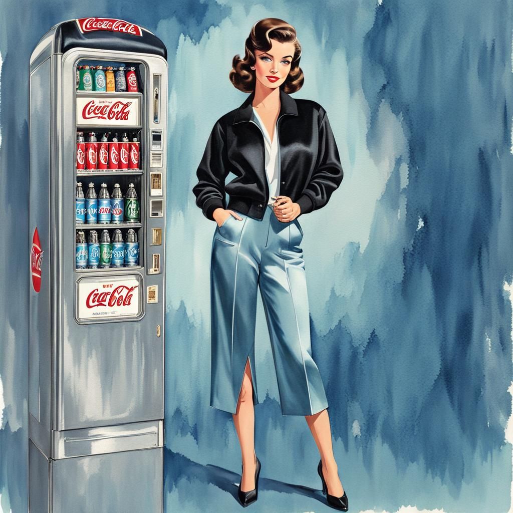 Elegant Woman by Coke Machine, Watercolor Style