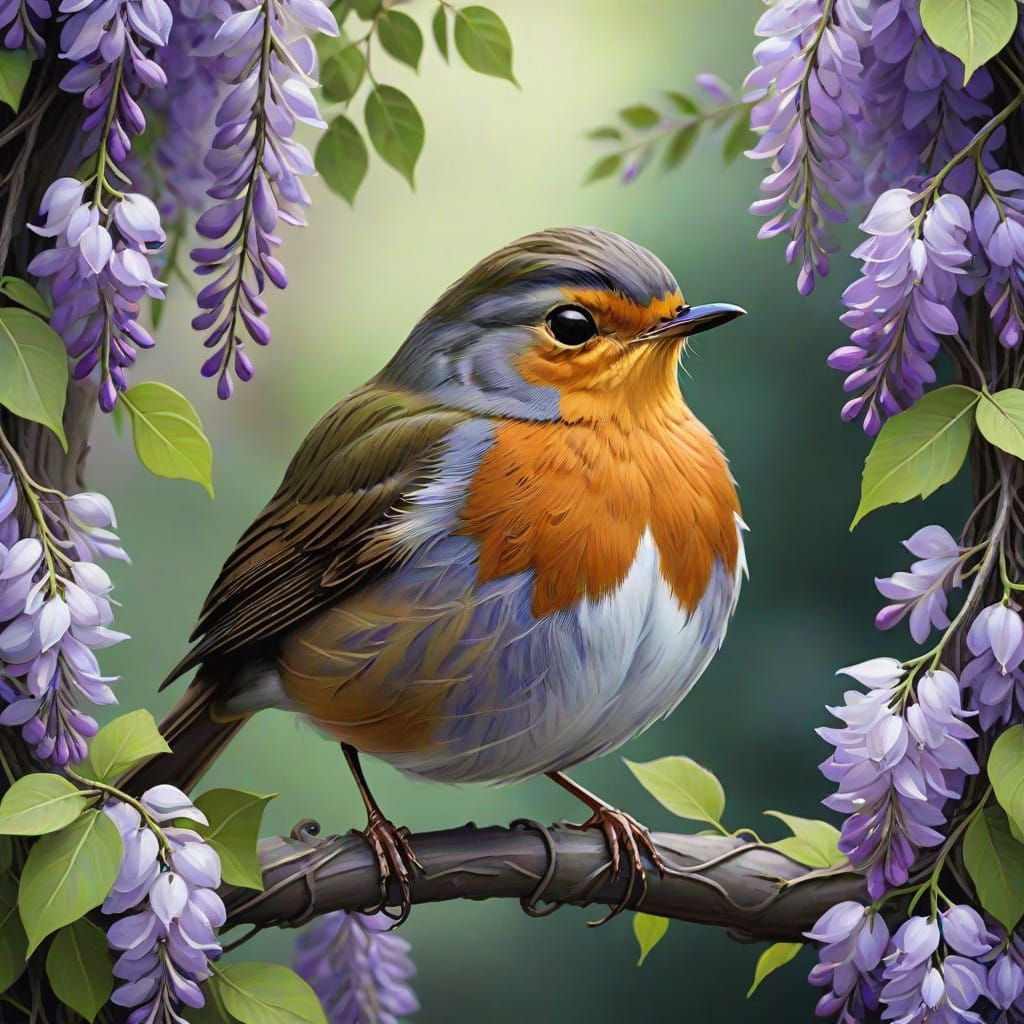 Robin Amidst Wisteria Blooms in Digital Acrylic
