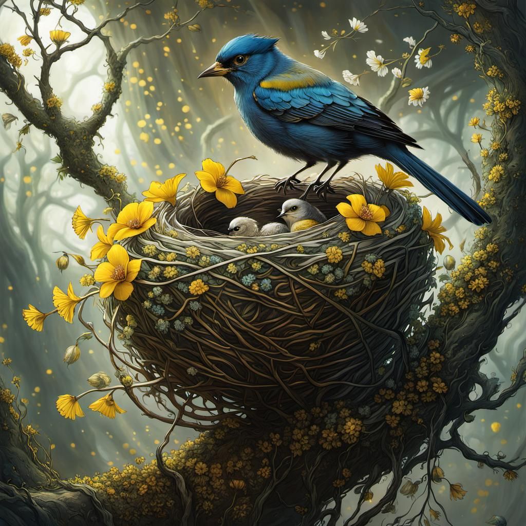 Bird on Flowering Nest: Detailed Fantasy Art