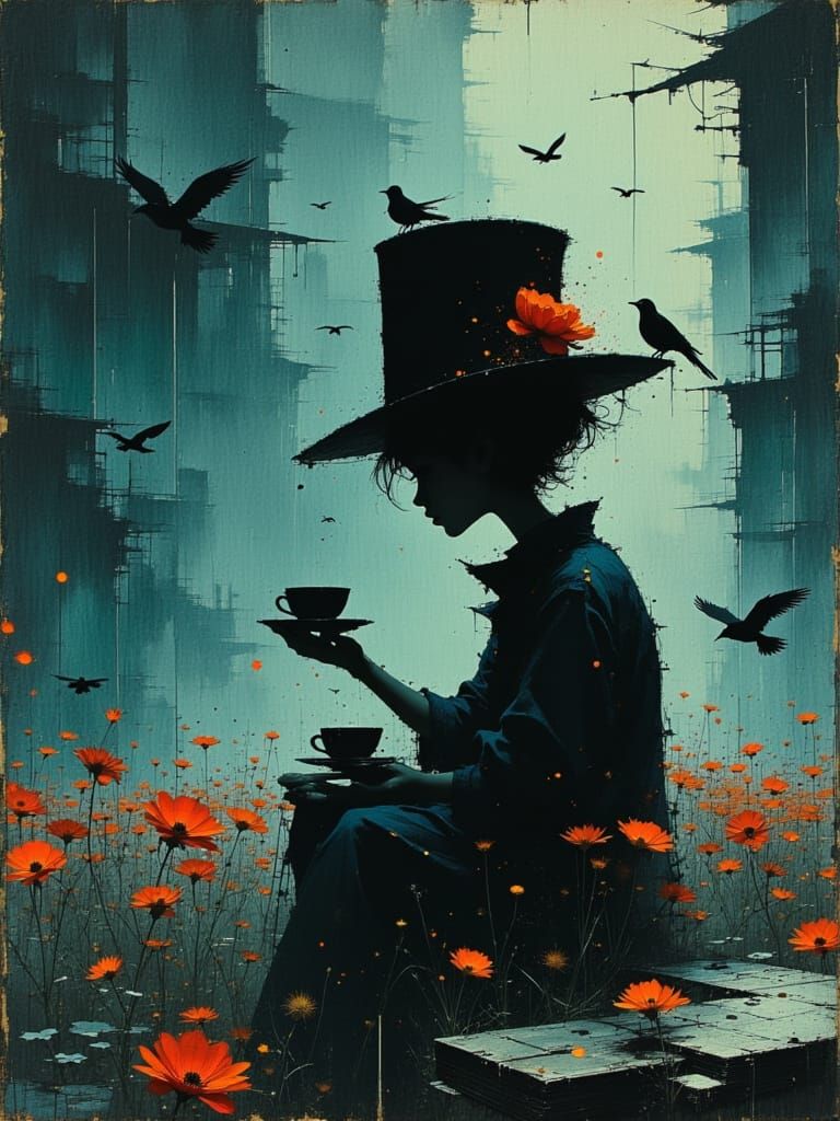 Eerie Silhouette of Birds and Teacups with Golden Streaks