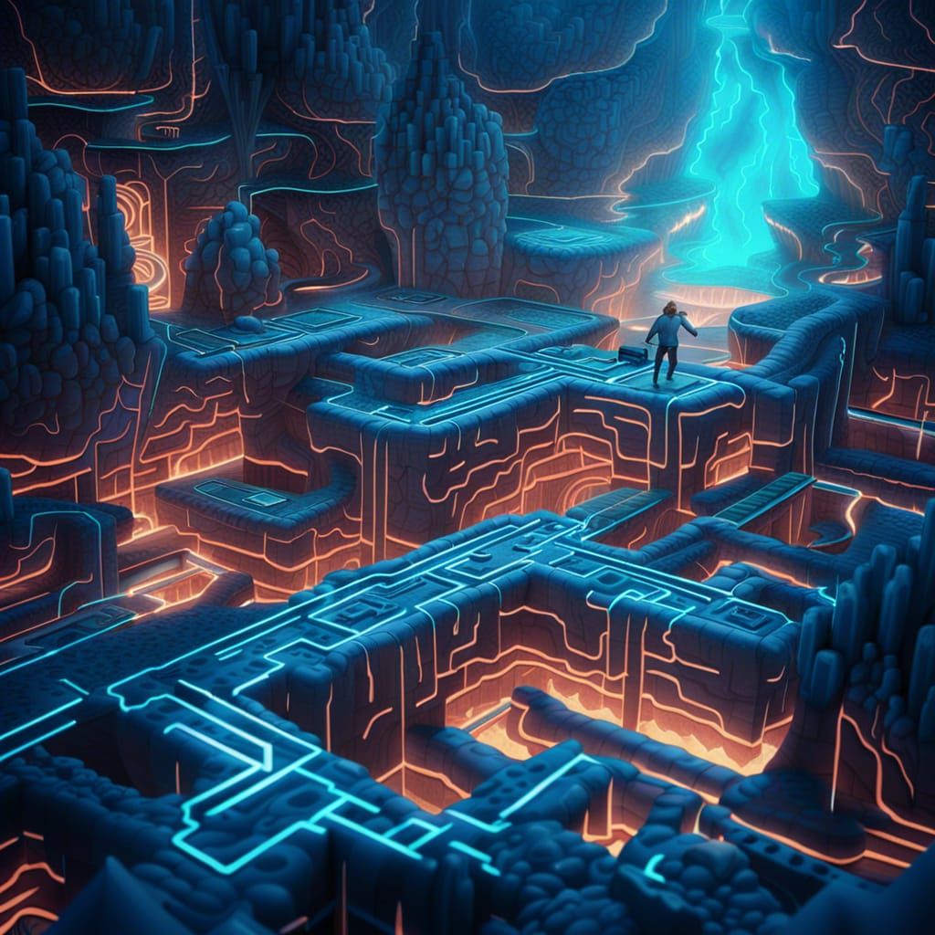 Crystal Maze in Tron Style: 8k Resolution Art