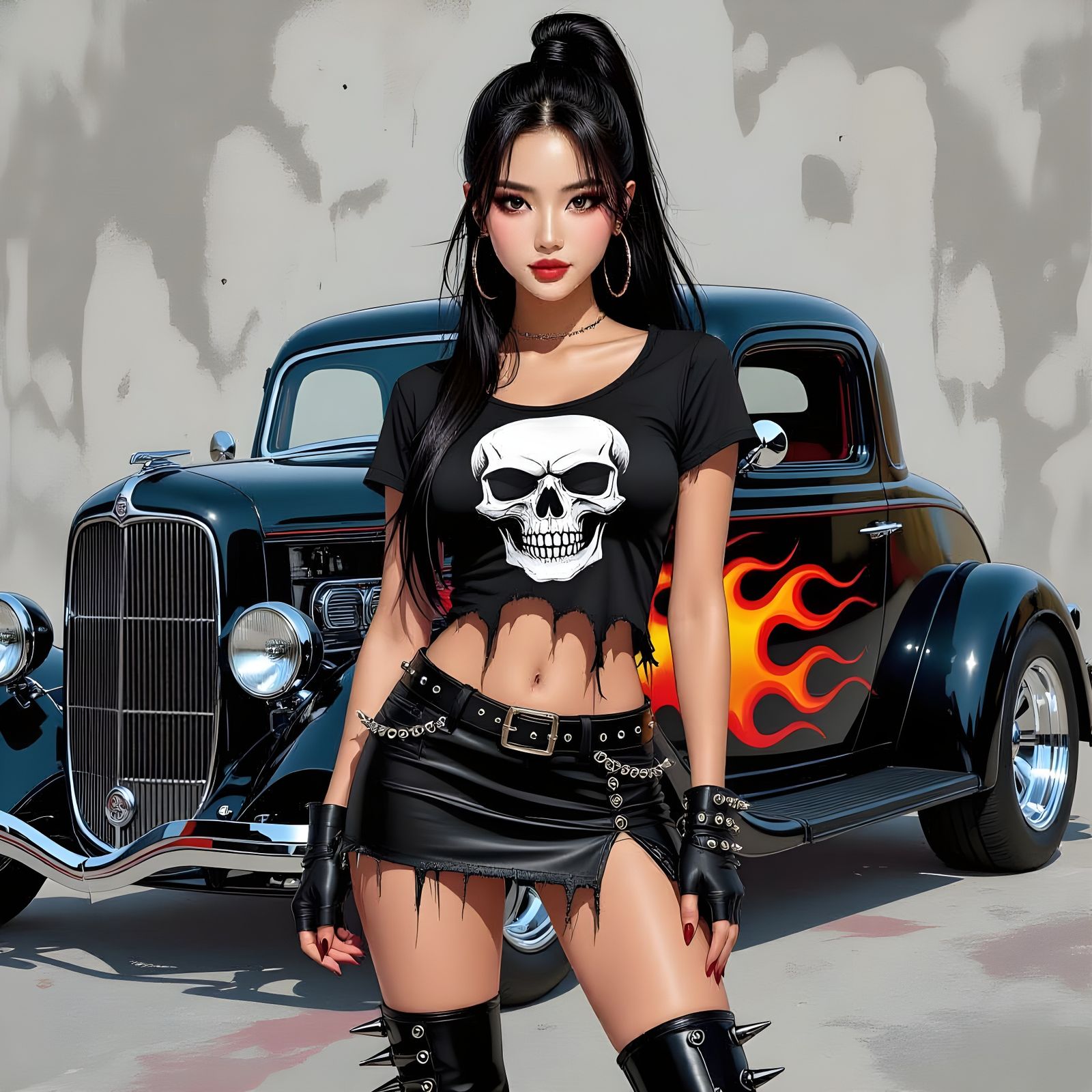 Korean Woman in Pin-Up Style Poses with Hot Rod