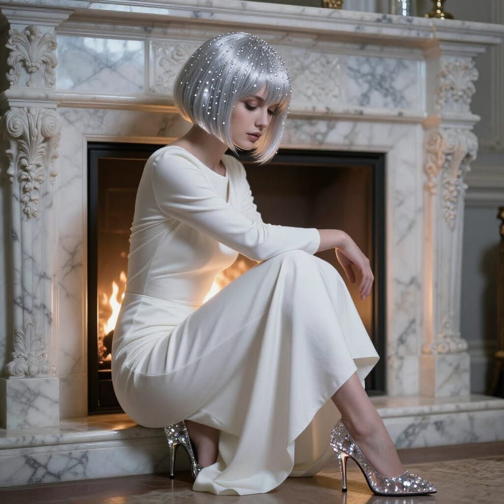 Woman in White by Fireplace, Hyperrealistic Cinematic Style