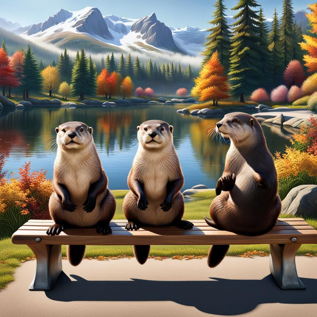 Otters and Human on Park Bench in Photorealism