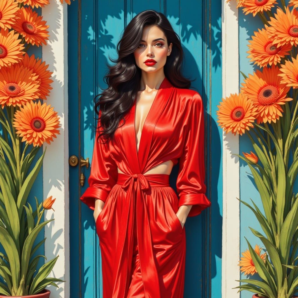 Penélope Cruz in Red Robe, Watercolor Art Style