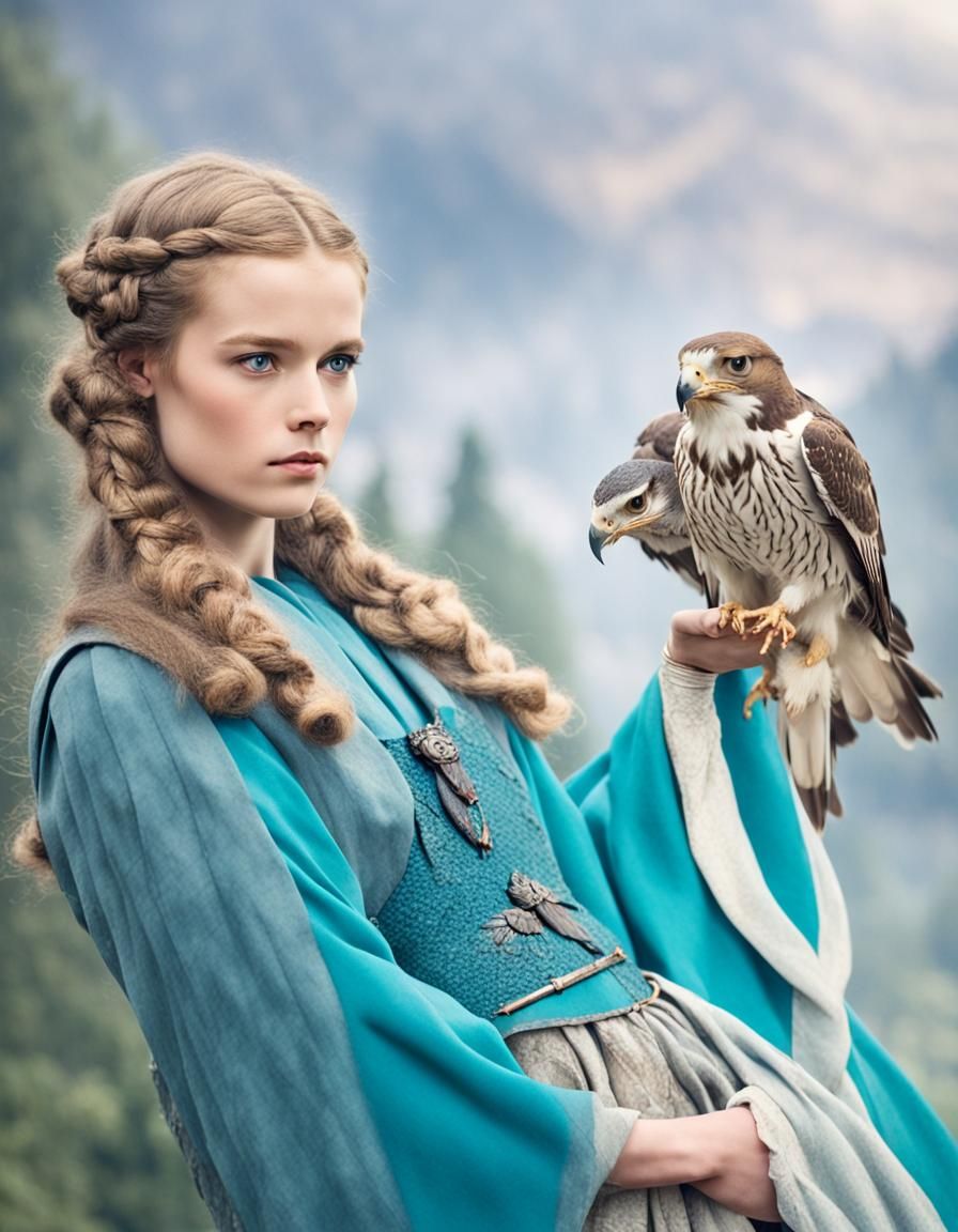 Kriemhild with Falcon, 1200s Fashion, Color Corrected
