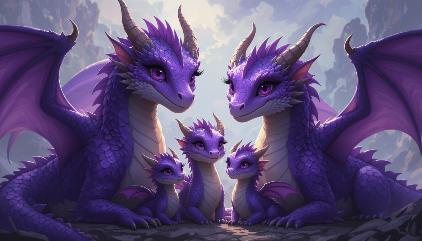 Purple Dragon Family Portrait in Digital Matte Painting Styl...